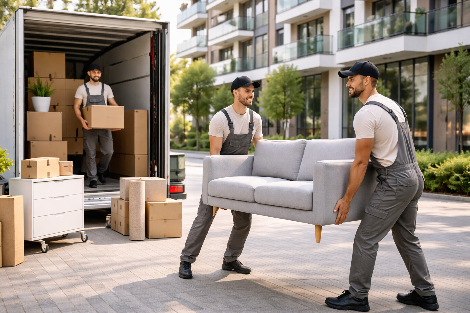 Umzugsszene mit Umzugswagen und Umzugshelfern